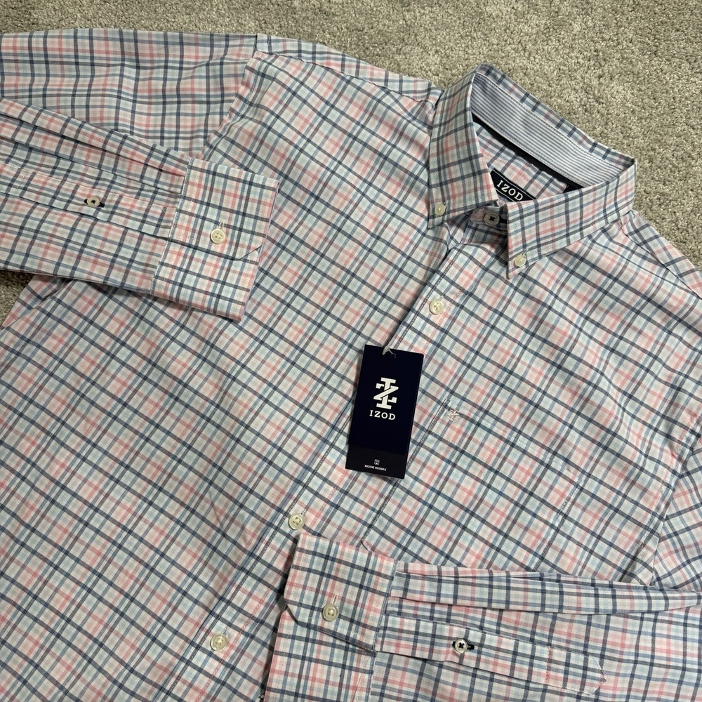IZOD Dress Shirt Mens Size M Fairy Tale Pink Blue Plaid Check Button Down NWT